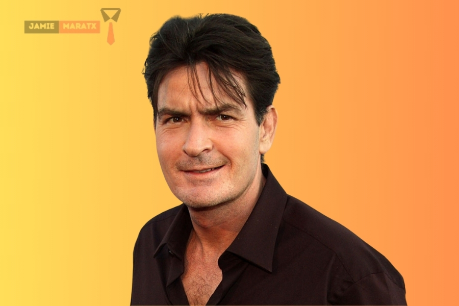 Charlie Sheen smiling against a vibrant orange gradient background, representing his dynamic career and personal journey as explored in "Charlie Sheen Net Worth."