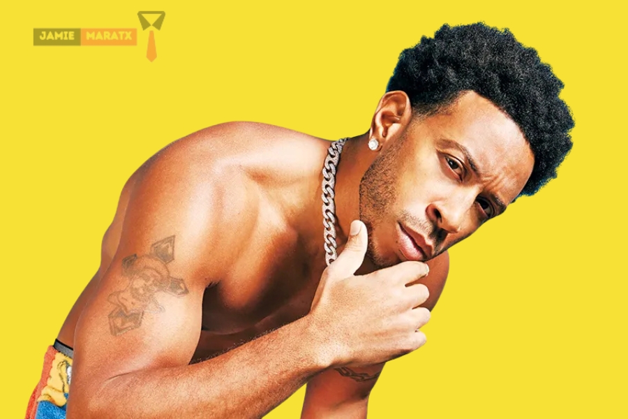 Ludacris striking a thoughtful pose with a vibrant yellow background, representing his personality and success in the blog post 'Ludacris Net Worth'.