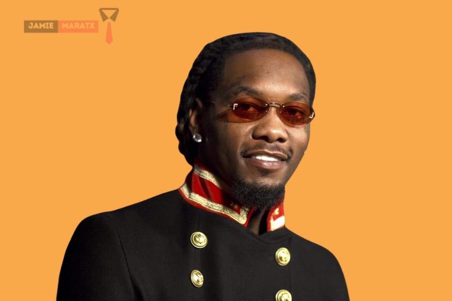 Offset smiling in a stylish outfit with a golden background, featured image for the blog post titled 'Offset Net Worth'.