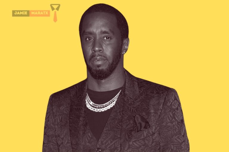 P Diddy wearing a black suit with jewelry against a yellow background, representing his success and legacy for the blog post “P Diddy Net Worth.”