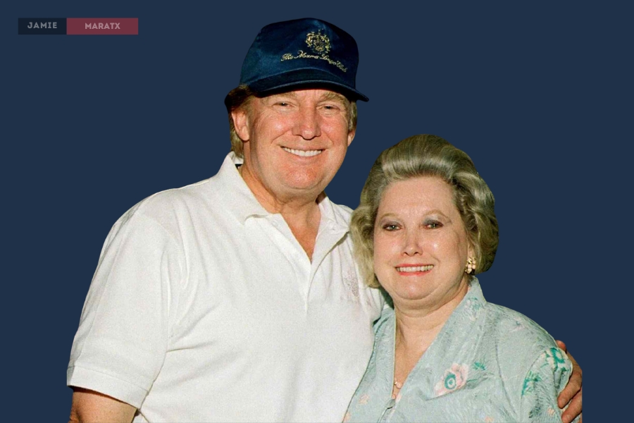 Donald Trump and Elizabeth Trump Grau smiling together, with Donald wearing a white polo and cap, and Elizabeth in a light-colored outfit.