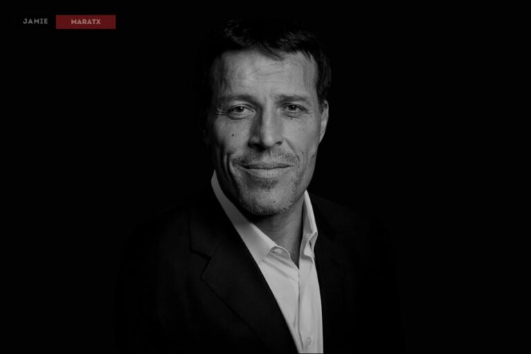 Black and white portrait of Tony Robbins, motivational speaker and entrepreneur.