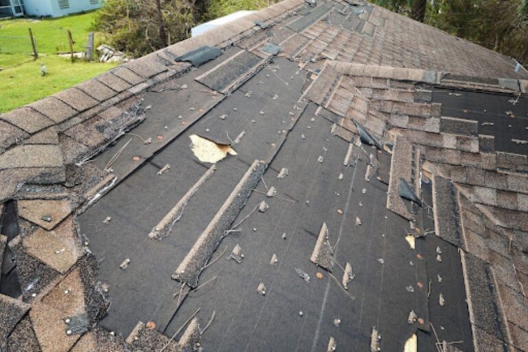 Damaged Florida roof with missing shingles and tree debris causing water exposure and structural risks.